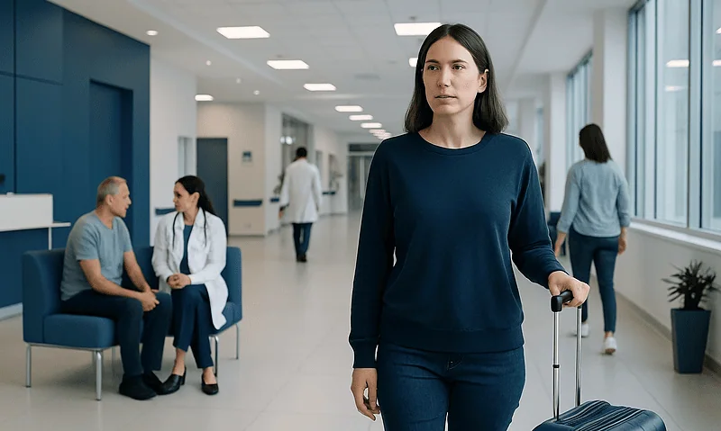 Woman with luggage walking through hospital corridor at Acibadem Hospitals Group.