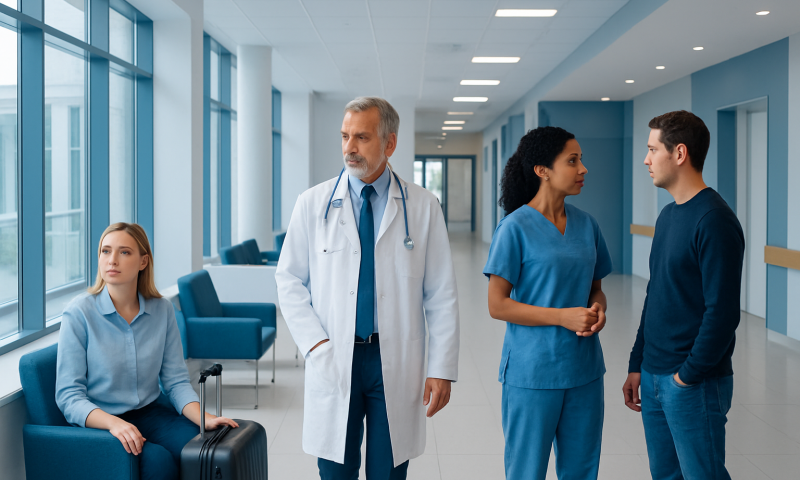 Medical team consulting with patient in hospital corridor at Acibadem Hospitals Group.