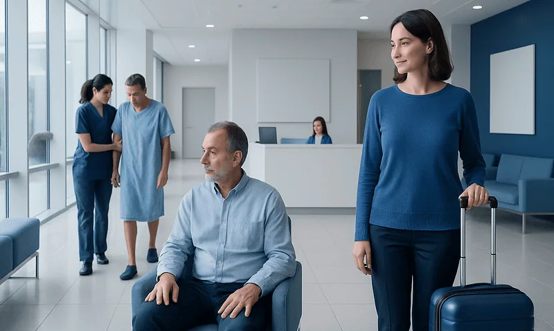 Patients and staff in hospital waiting area at Acibadem Hospitals Group.