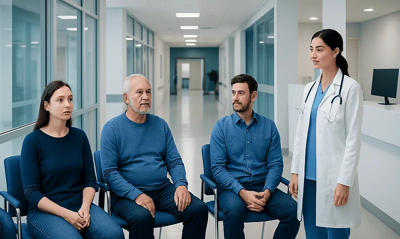 Doctor consulting with patients in a modern hospital corridor.