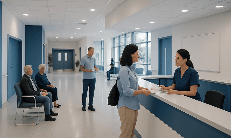 Patient checking in at Acibadem Hospital reception in Turkey.
