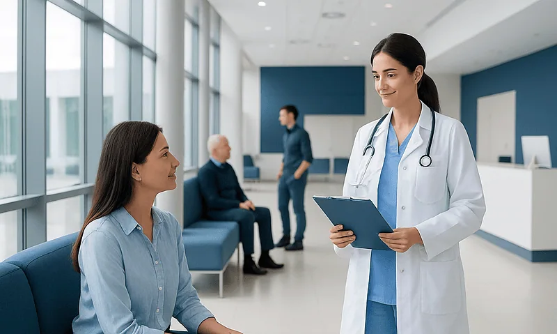 Doctor consulting with patient in hospital waiting area.
