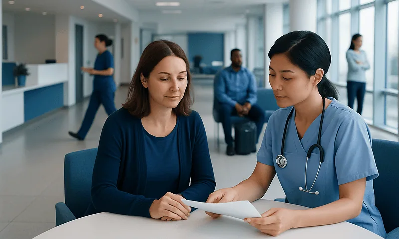 Healthcare professional consulting a patient in a hospital waiting area.