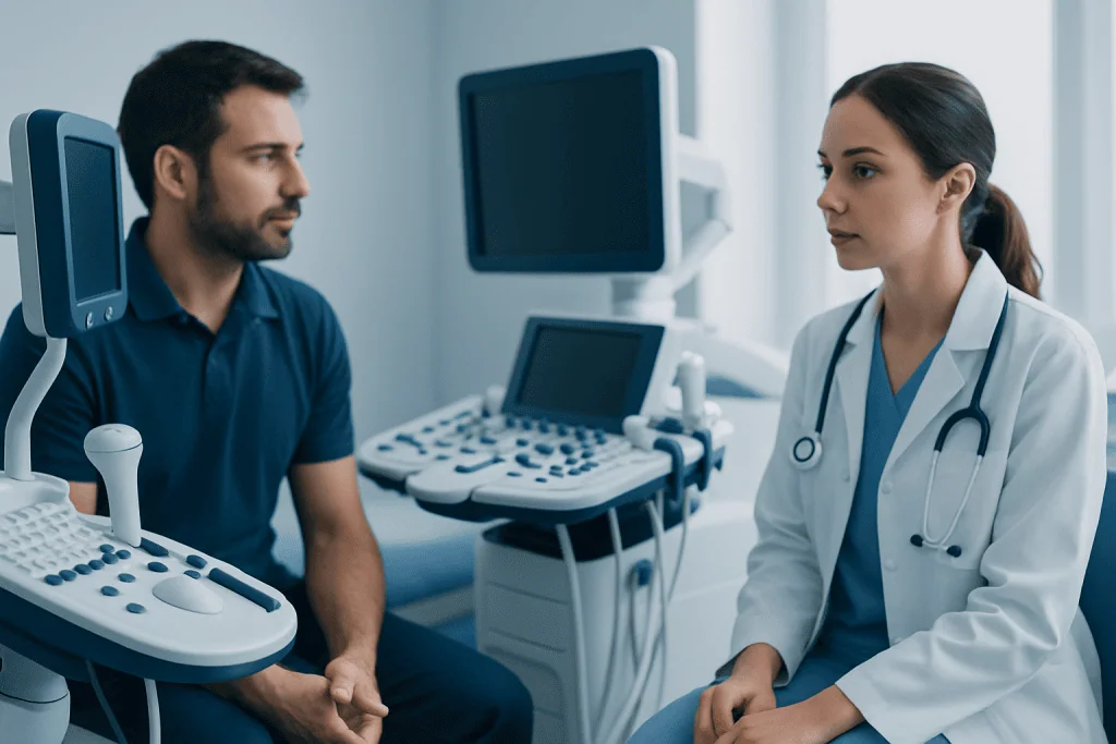 Doctor consulting patient in a modern hospital examination room.
