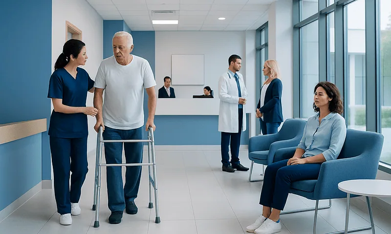 Hospital corridor with patients and medical staff in a modern healthcare facility.