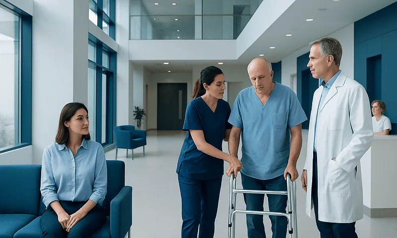 Medical team discussing patient care in hospital corridor.