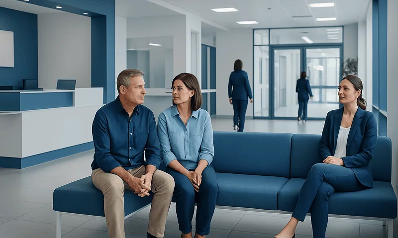 Patients waiting in a modern hospital lobby with blue accents.