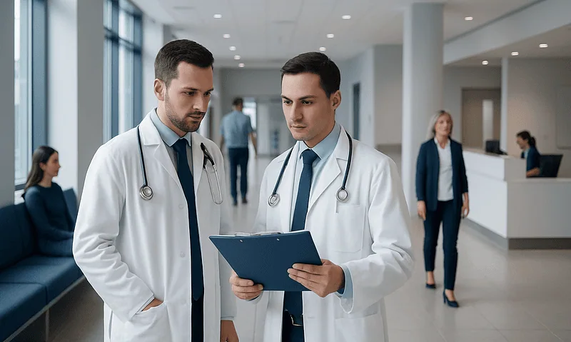 Doctors discussing treatment options in a hospital corridor.