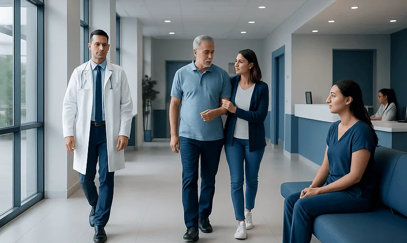 Doctor and patient talking in hospital corridor with nurse nearby.