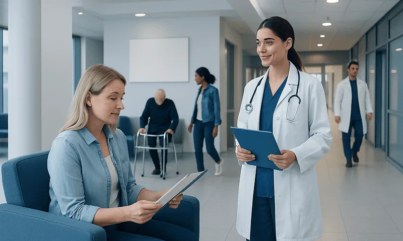 Hospital consultation with a doctor and patient in a modern healthcare facility.