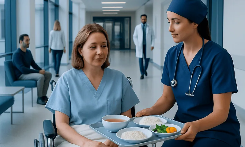 Hospital staff serving meal to a patient in a modern healthcare facility.