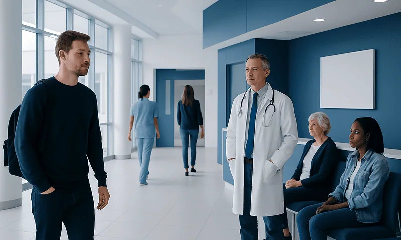 Doctor talking to patient in hospital corridor at Acibadem Hospitals Group.