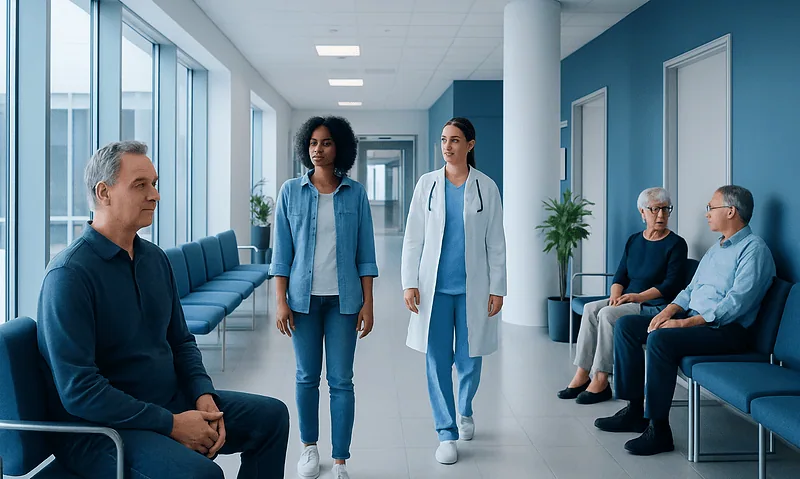 Patients waiting in a hospital corridor with medical staff nearby.