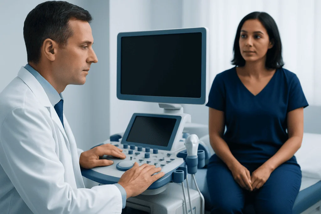Doctor performing an ultrasound exam on a patient in a clinical setting.