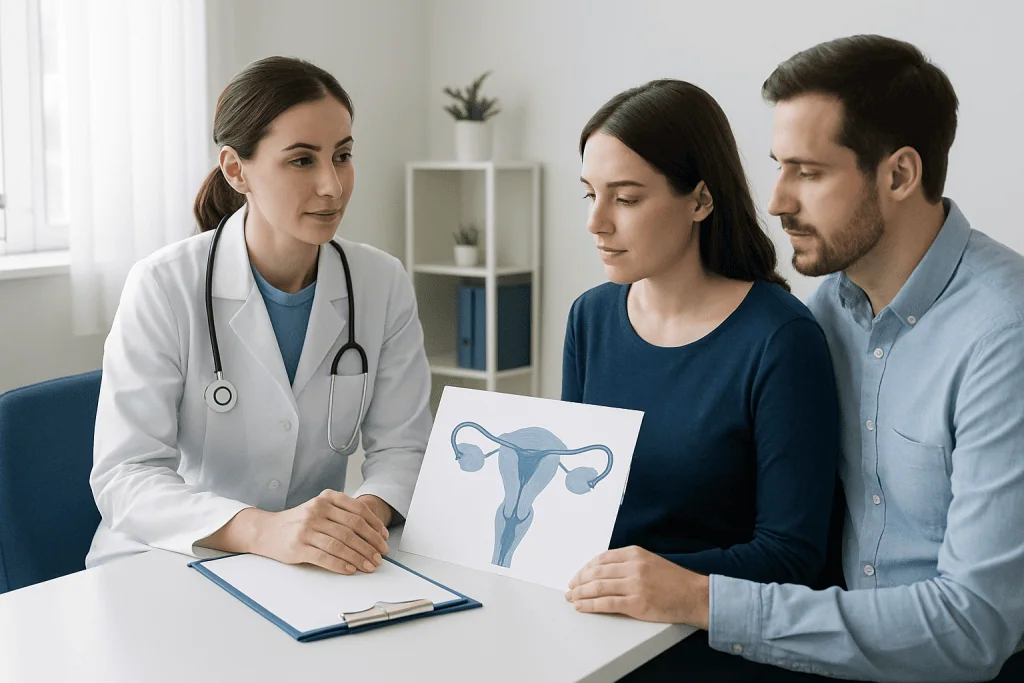 Fertility specialist explains IVF process to a couple with uterine diagram.