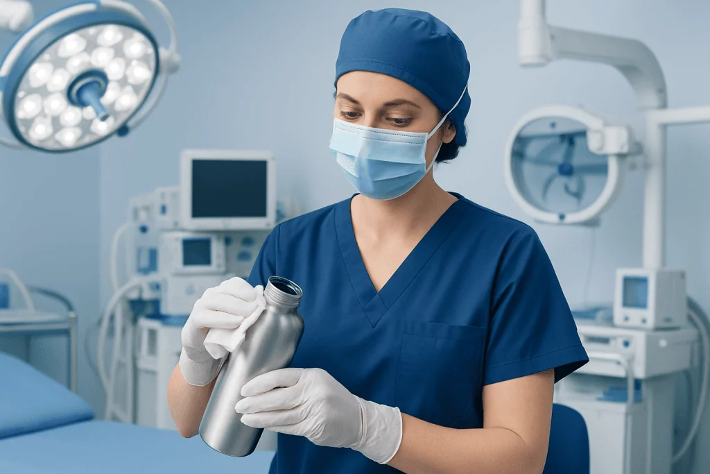 Healthcare professional inspecting a stainless steel water bottle in a hospital setting.