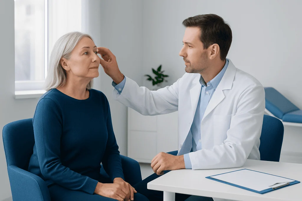Doctor examining elderly woman's eyes in consultation room.