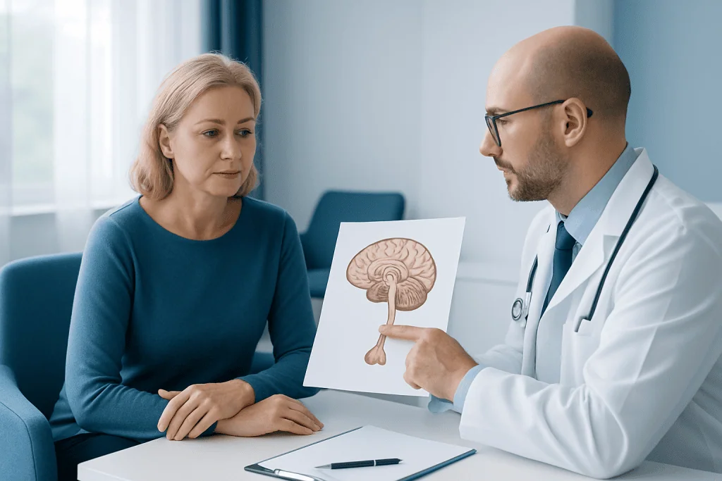 Doctor explaining brain diagram to a patient in a consultation room.