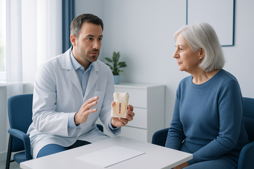 Dentist explaining dental implant options to an elderly woman.