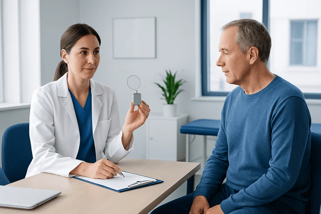 Doctor explains neurostimulator device to patient in consultation room.