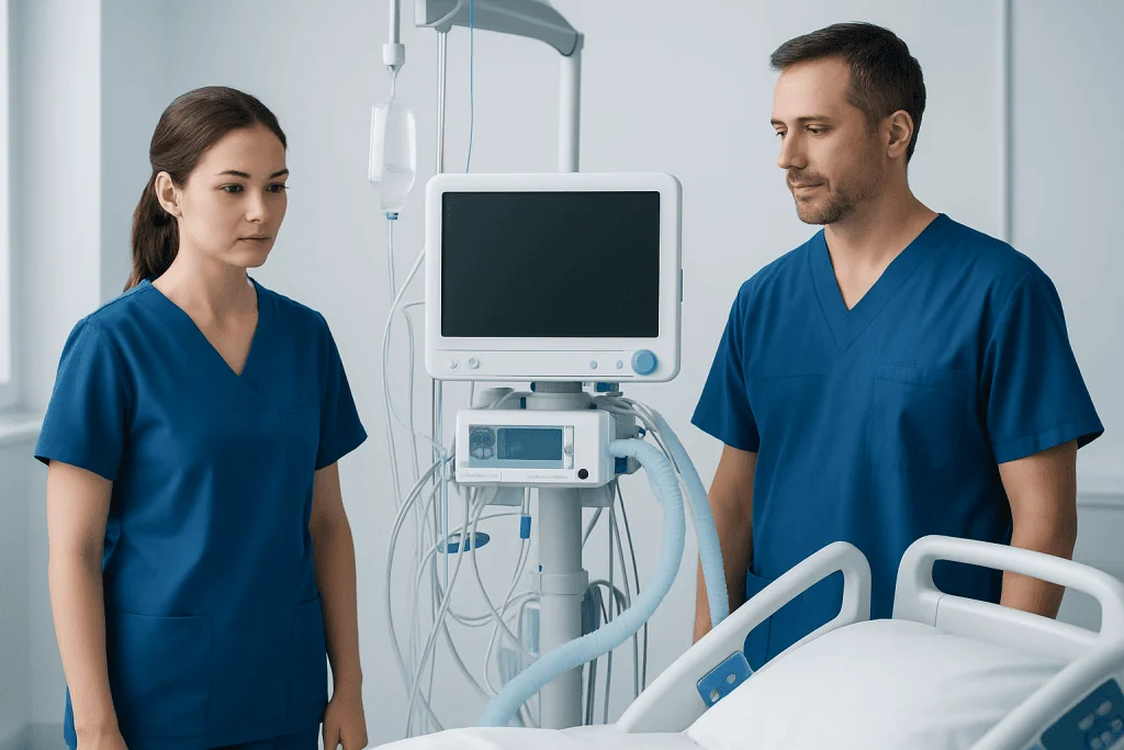 Medical professionals in a hospital room with monitoring equipment and a hospital bed.