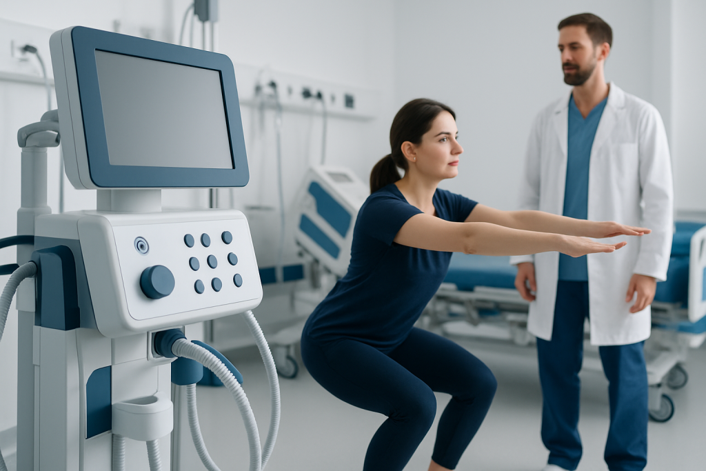 Patient performing squat exercise in hospital with medical supervision.
