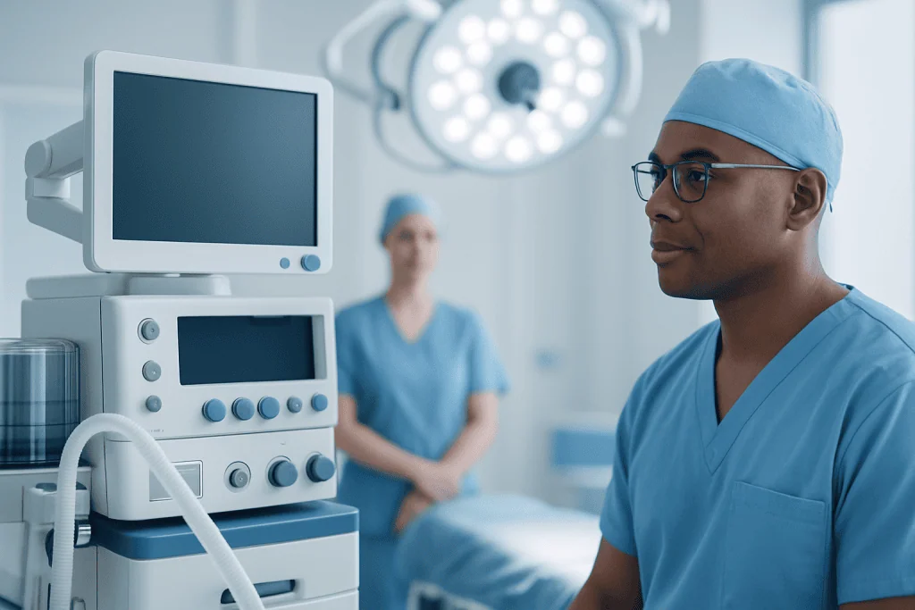Medical professionals in an operating room with advanced monitoring equipment.