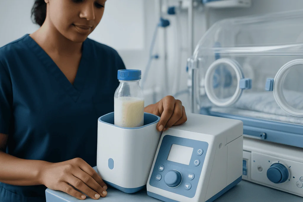 Breast milk warming device in a hospital setting at Acibadem Hospitals Group.