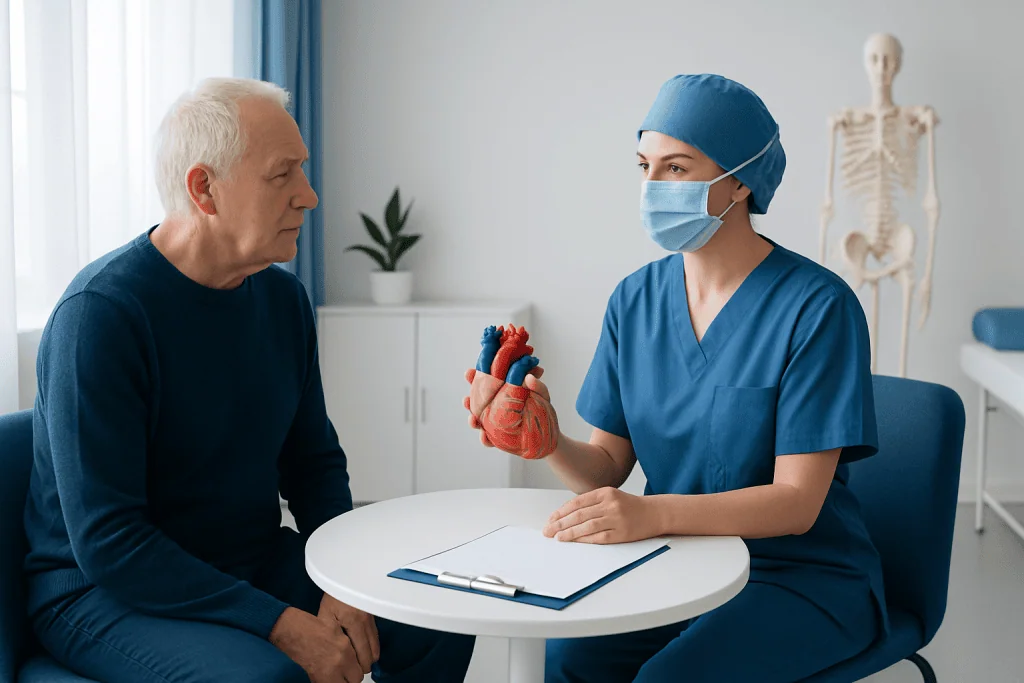 Cardiologist consulting with senior patient in hospital room.