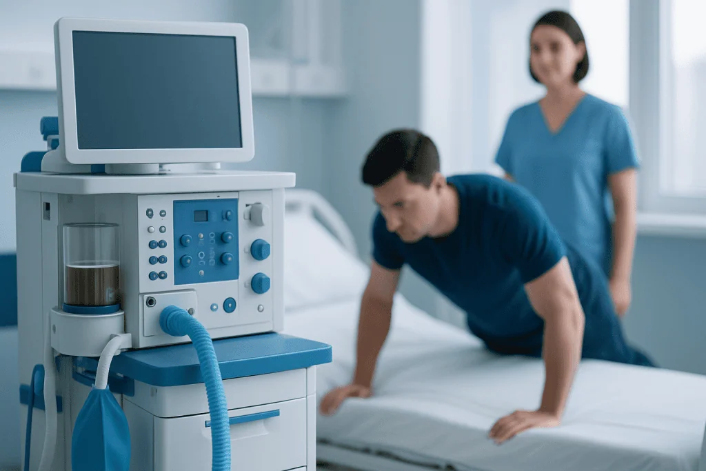 Patient preparing for medical treatment in hospital room with ventilator equipment.