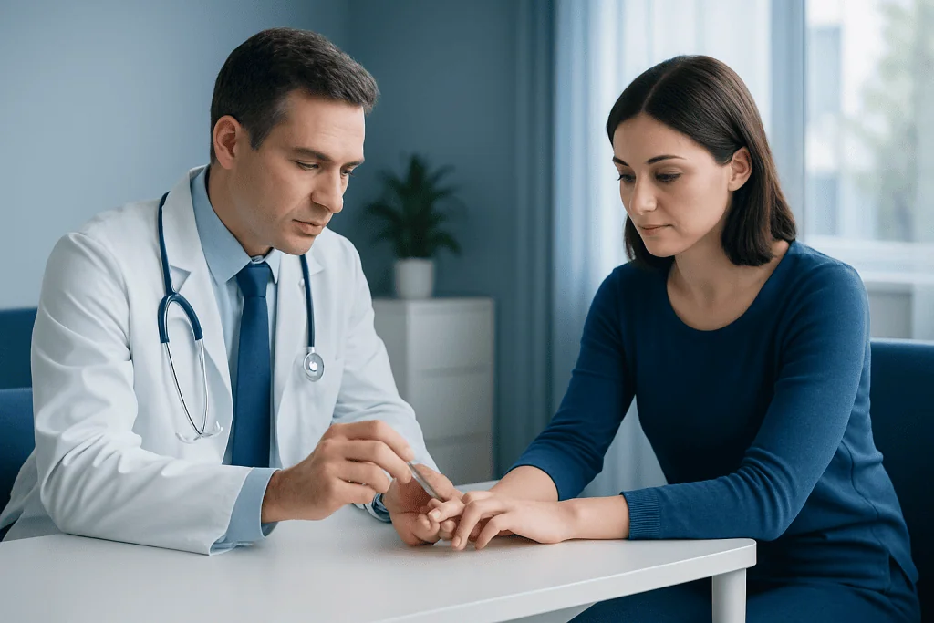 Doctor examining patient's hand for splinter removal.