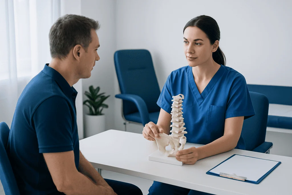 Doctor explaining spinal anatomy to patient in a consultation room.