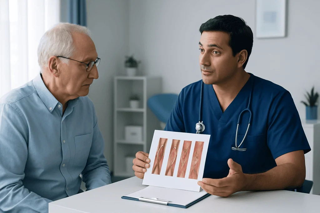 Doctor explaining vascular images to an elderly patient in a consultation room.