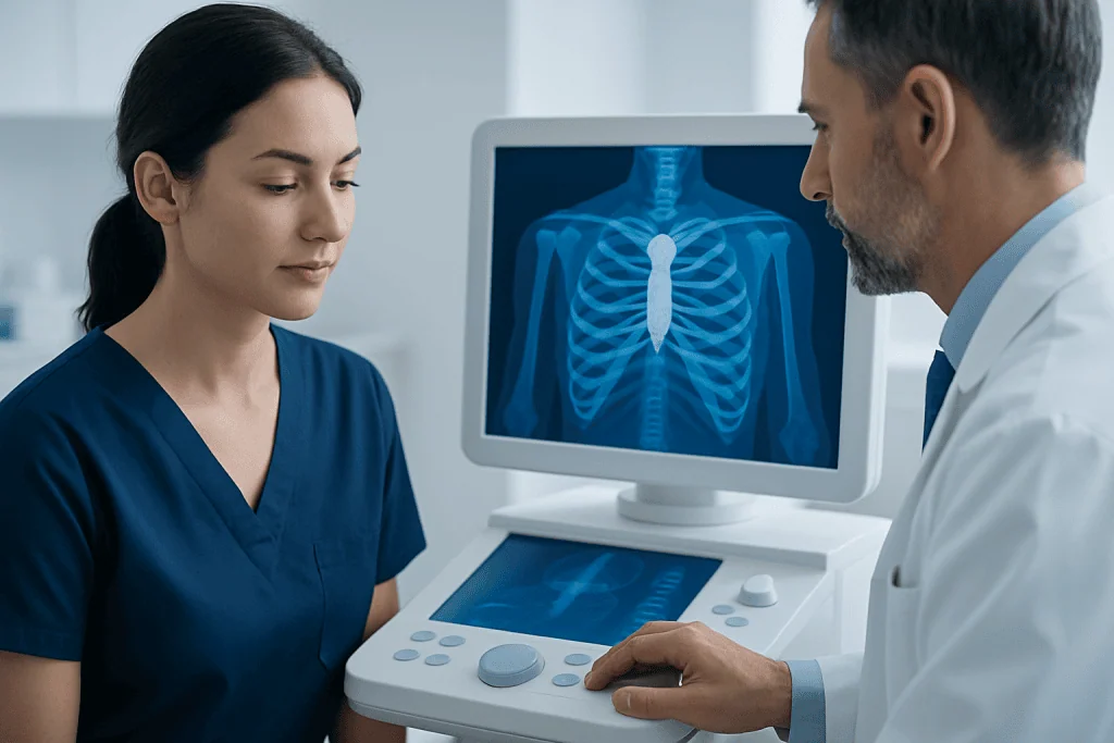 Medical professionals review chest X-ray images in a hospital setting.