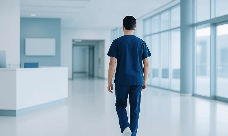Healthcare professional walking in hospital corridor with large windows.
