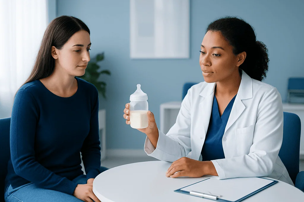 Doctor explaining breast milk warming to a mother in a clinic setting.