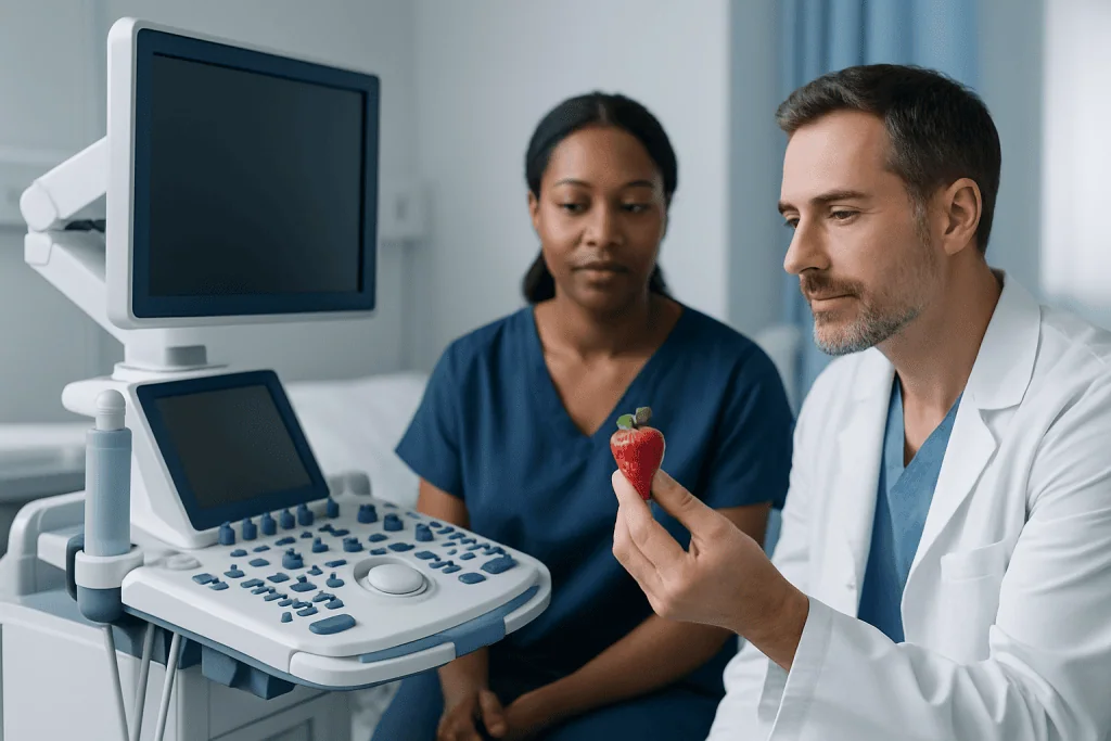 Doctor showing a strawberry to a patient in a medical setting.