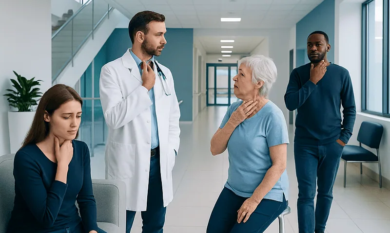 Doctor examining elderly woman with sore throat in hospital corridor.