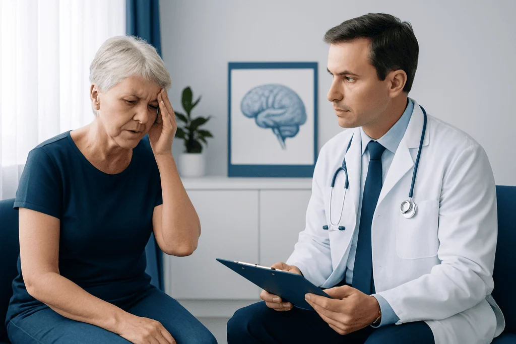 Doctor consulting with elderly woman about stroke symptoms in a medical office.