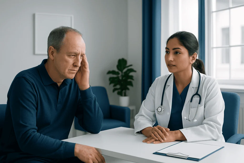 Doctor consulting with a patient about stroke symptoms in a medical office.