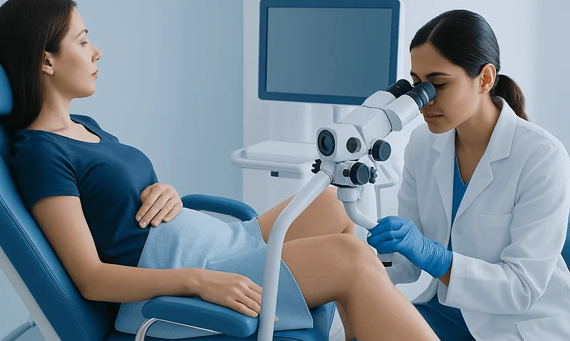 Gynecologist performing a pelvic exam with a microscope in a clinical setting.