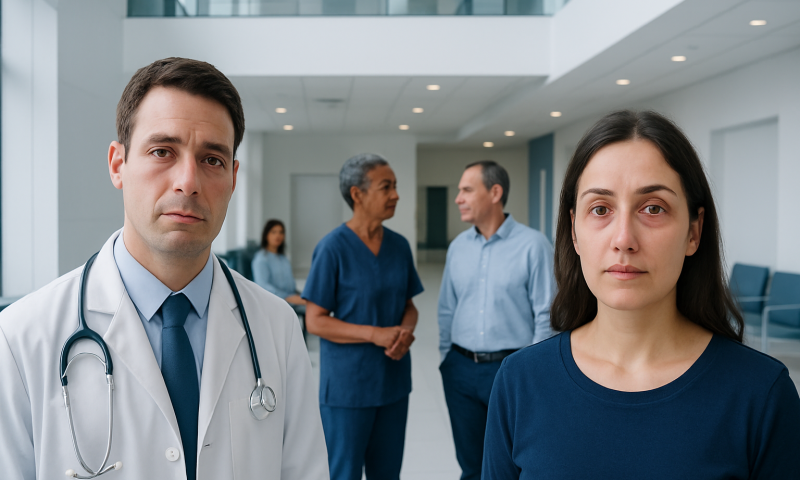 Medical professionals and patients in a hospital corridor.