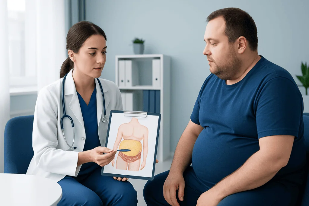 Doctor explaining subcutaneous fat to patient with diagram.