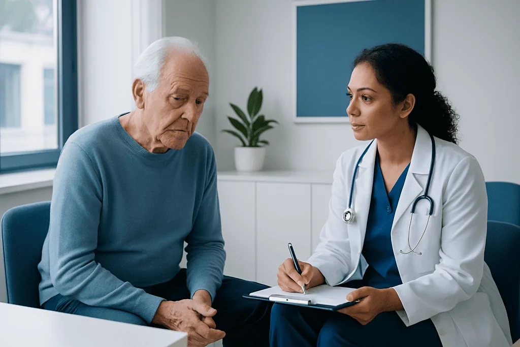 Doctor consulting with elderly patient in a medical office.