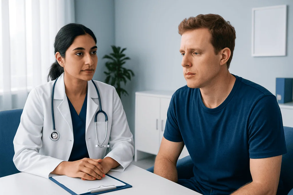 Doctor consulting with male patient in a medical office.