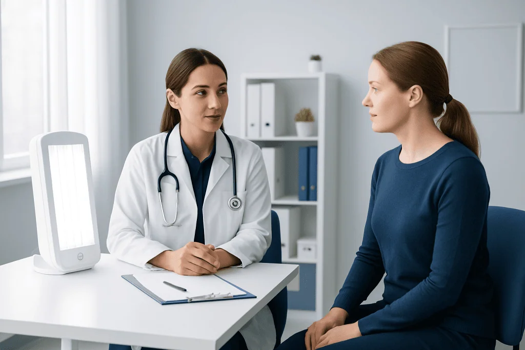 Doctor consulting with a patient in a modern medical office.