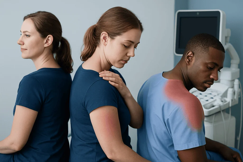 Medical consultation with a patient experiencing sunburn symptoms at a hospital.