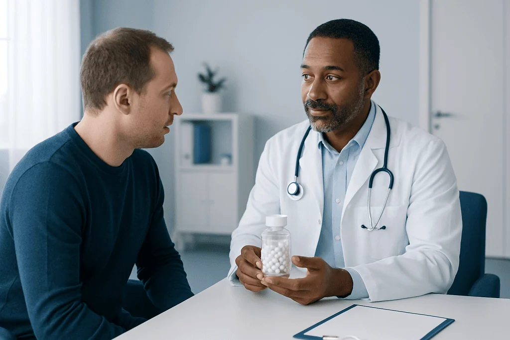 Doctor consulting with patient about supplements for blood flow health.