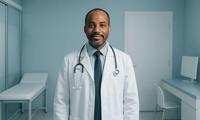 Doctor in hospital room with stethoscope and white coat.