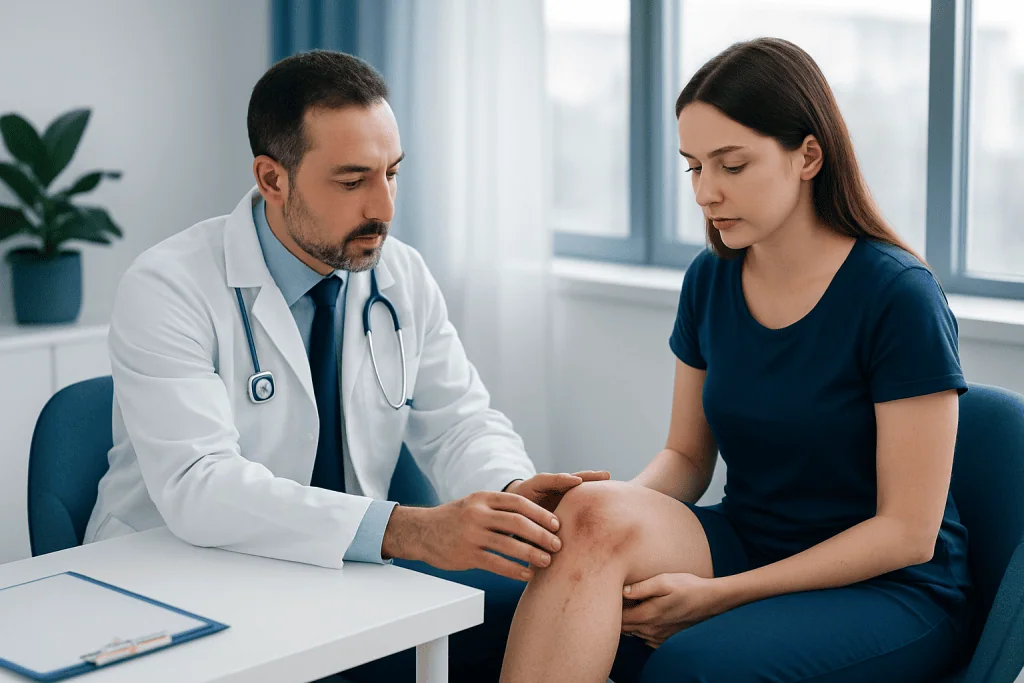 Doctor examining a patient's knee in a medical consultation room.